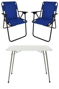 60x80 Beyaz Katlanır Masa + 2 Adet Katlanır Sandalye Kamp Seti Bahçe Takımı Mavi